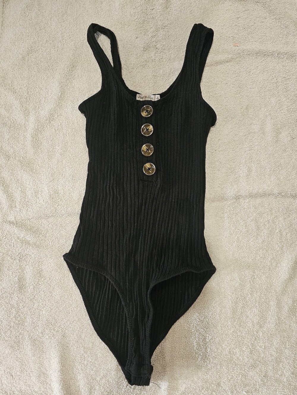 Heart And Hips Black Ribbed Bodysuit with Tortoise Shell Style Buttons Size S